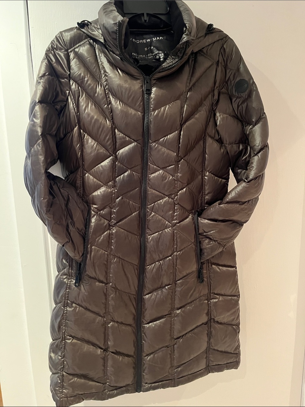 Andrew Marc Shiny Quilted Long Puffer Coat in Dark Brown